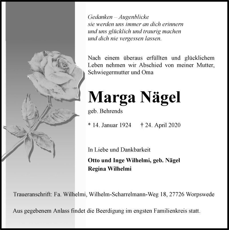  Traueranzeige für Marga Nägel vom 25.04.2020 aus 