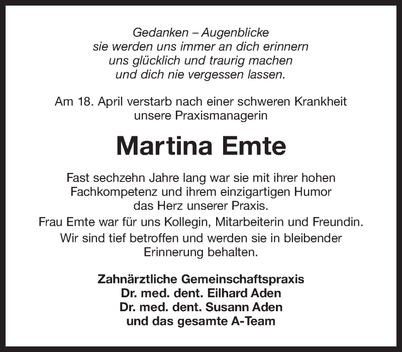  Traueranzeige für Martina Emte vom 23.04.2020 aus 