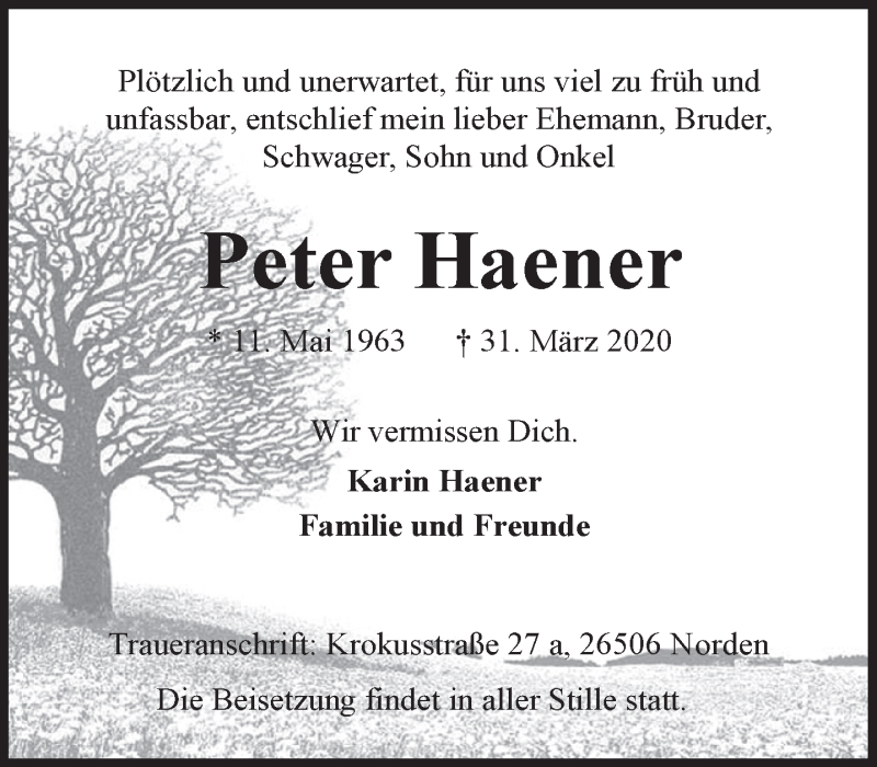  Traueranzeige für Peter Haener vom 04.04.2020 aus 