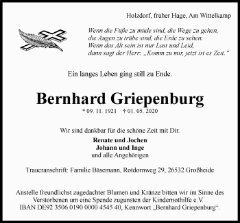Traueranzeige von Bernhard Griepenburg 