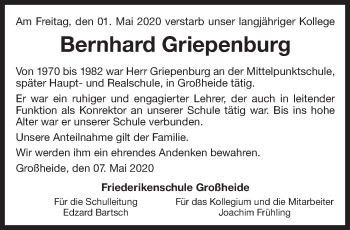 Traueranzeige von Bernhard Griepenburg 