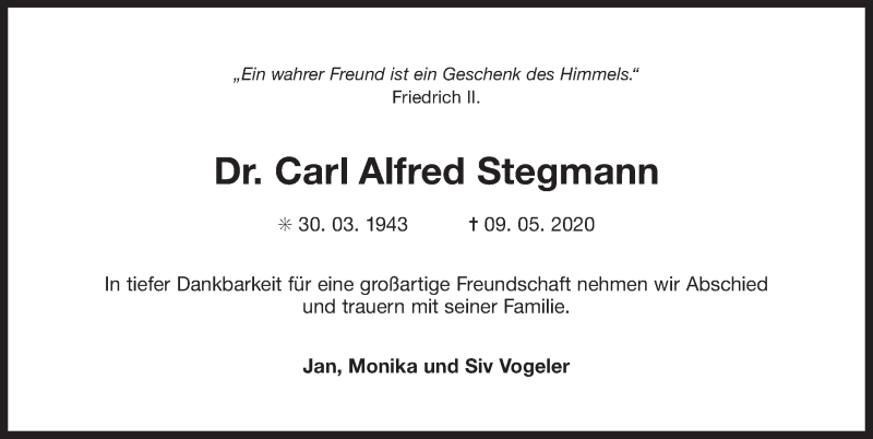  Traueranzeige für Carl Alfred Stegmann vom 12.05.2020 aus 