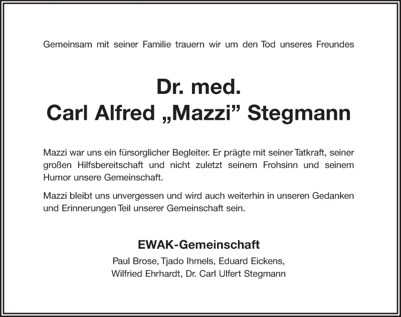  Traueranzeige für Carl Alfred Stegmann vom 12.05.2020 aus 