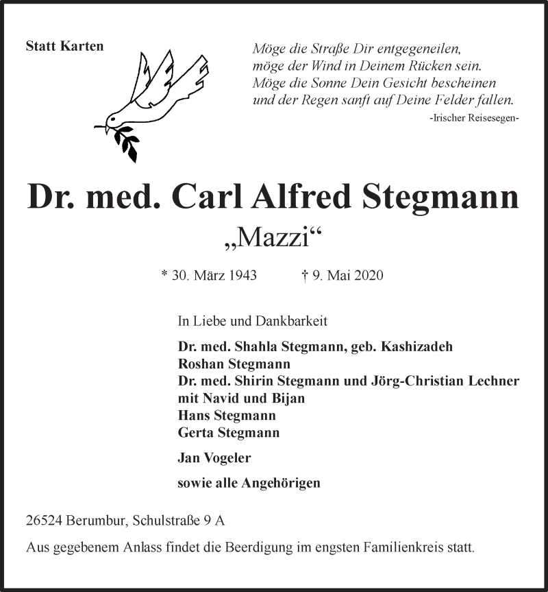 Traueranzeige für Carl Alfred Stegmann vom 11.05.2020 aus 
