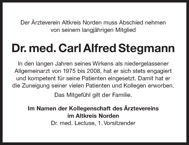  Traueranzeige für Carl Alfred Stegmann vom 15.05.2020 aus 