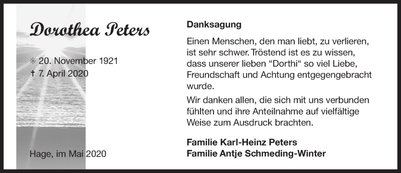  Traueranzeige für Dorothea Peters vom 09.05.2020 aus 