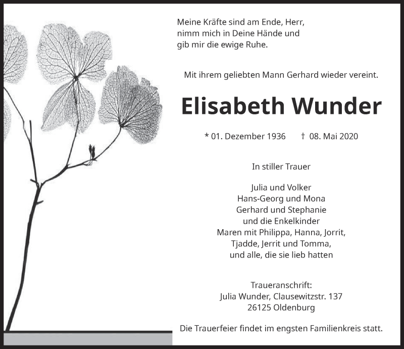  Traueranzeige für Elisabeth Wunder vom 12.05.2020 aus 