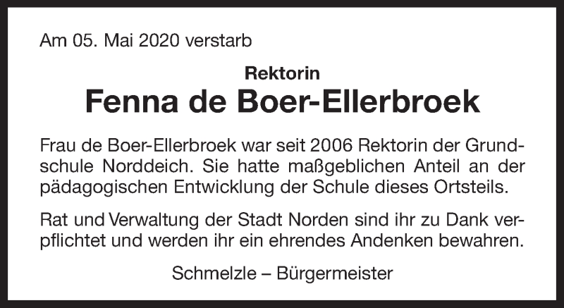  Traueranzeige für Fenna de Boer-Ellerbroek vom 09.05.2020 aus 