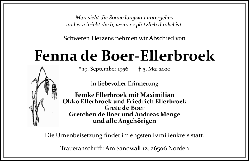  Traueranzeige für Fenna de Boer-Ellerbroek vom 09.05.2020 aus 
