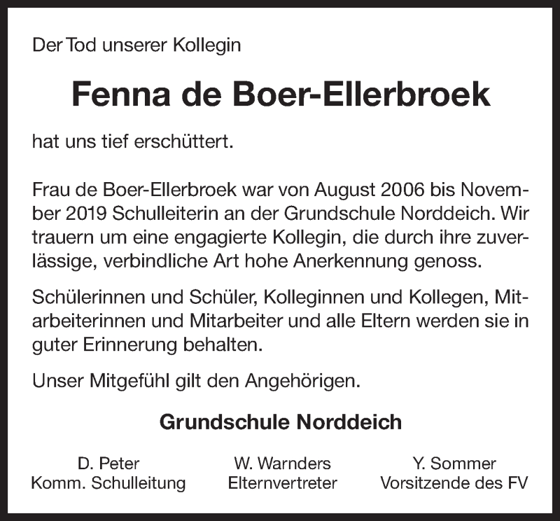  Traueranzeige für Fenna de Boer-Ellerbroek vom 09.05.2020 aus 