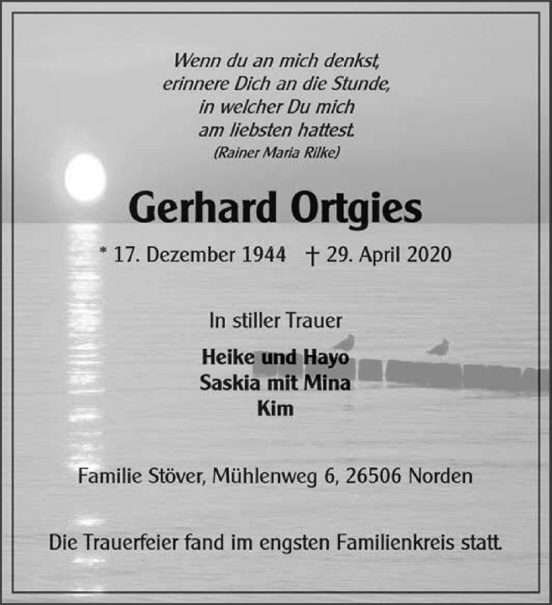  Traueranzeige für Gerhard Ortgies vom 20.05.2020 aus 