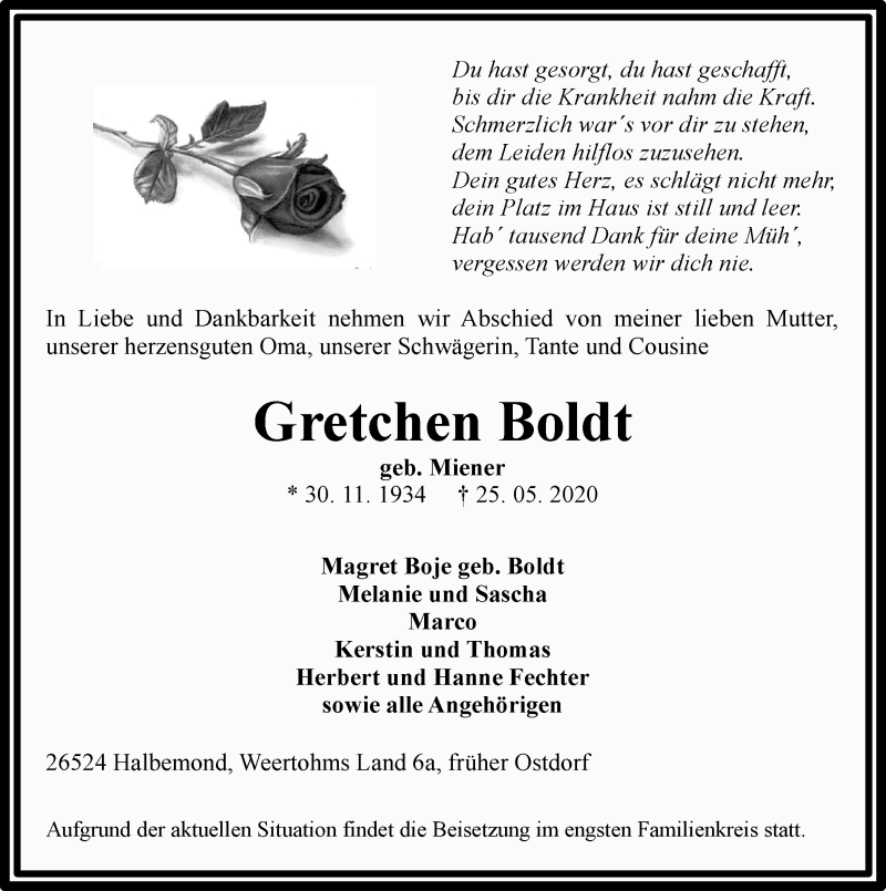  Traueranzeige für Gretchen Boldt vom 27.05.2020 aus 