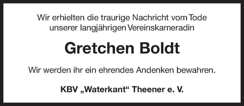  Traueranzeige für Gretchen Boldt vom 28.05.2020 aus 
