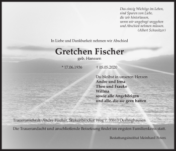 Traueranzeige von Gretchen Fischer 