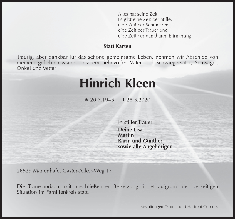  Traueranzeige für Hinrich Kleen vom 30.05.2020 aus 