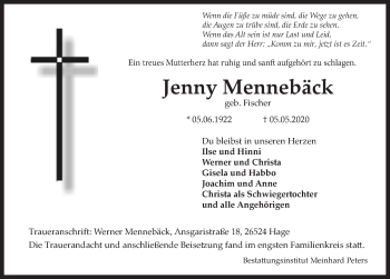 Traueranzeige von Jenny Mennebäck 