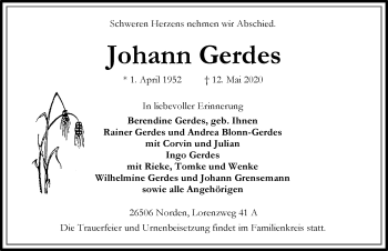 Traueranzeige von Johann Gerdes 