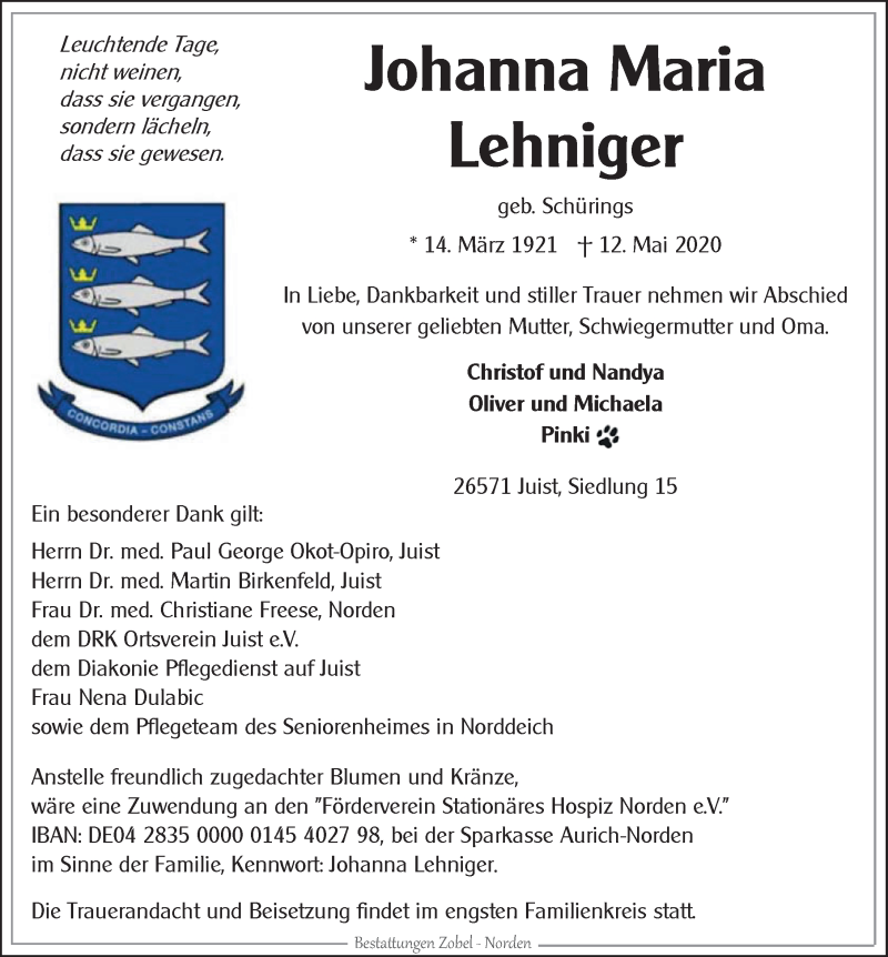  Traueranzeige für Johanna Maria Lehniger vom 16.05.2020 aus 