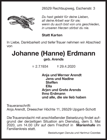 Traueranzeige von Johanne Erdmann von Ostfrisischer Kurier