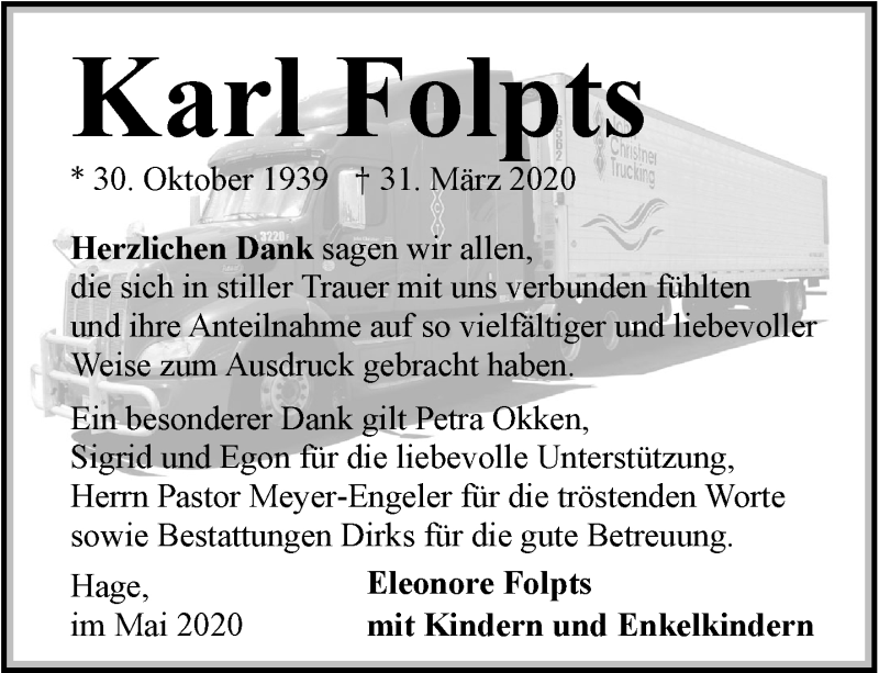  Traueranzeige für Karl Folpts vom 09.05.2020 aus 