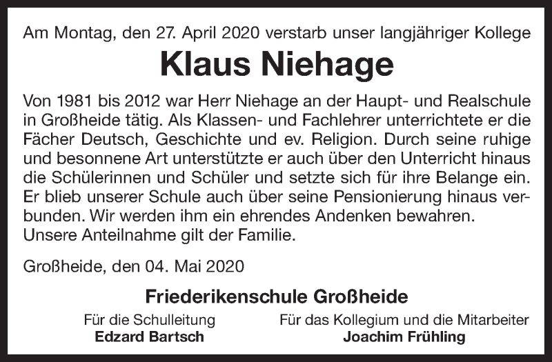  Traueranzeige für Klaus Niehage vom 05.05.2020 aus 