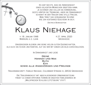 Traueranzeige von Klaus Niehage von Ostfrisischer Kurier