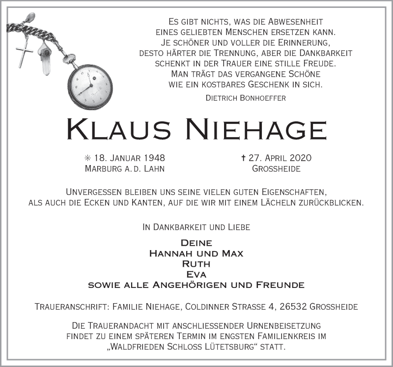  Traueranzeige für Klaus Niehage vom 01.05.2020 aus Ostfrisischer Kurier