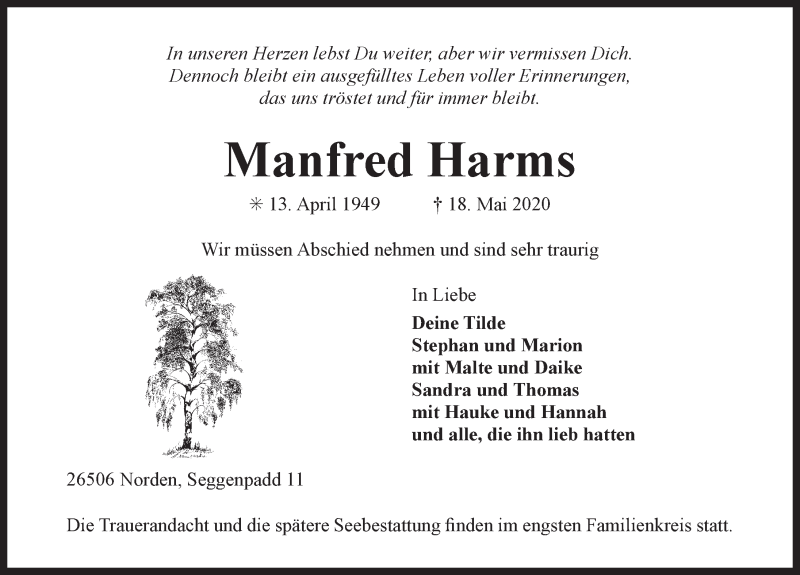  Traueranzeige für Manfred Harms vom 20.05.2020 aus 