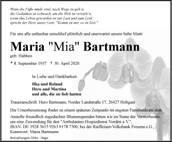 Traueranzeige von Maria Bartmann 
