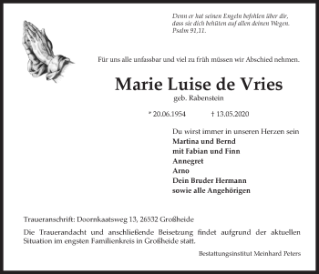 Traueranzeige von Marie Luise de Vries 