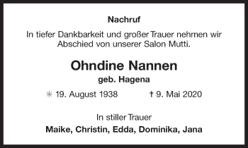 Traueranzeige von Ohndine Nannen 