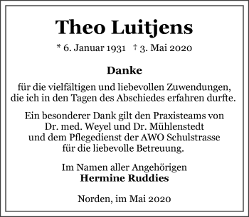 Traueranzeige von Theo Luitjens 