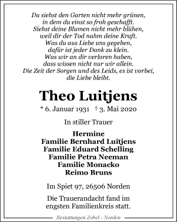 Traueranzeige von Theo Luitjens 