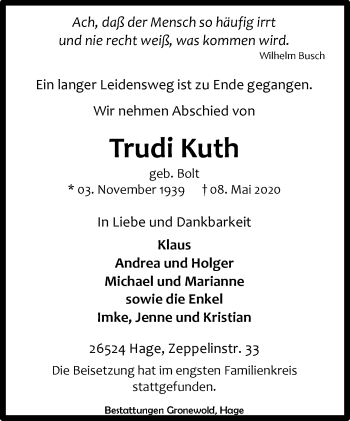Traueranzeige von Trudi Kuth 
