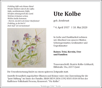 Traueranzeige von Ute Kolbe 