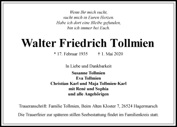 Traueranzeige von Walter Friedrich Tollmien 