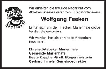 Traueranzeige von Wolfgang Feeken 