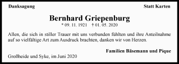 Traueranzeige von Bernhard Griepenburg 