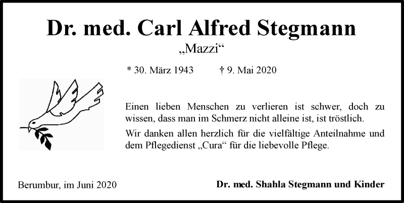  Traueranzeige für Carl Alfred Stegmann vom 13.06.2020 aus 