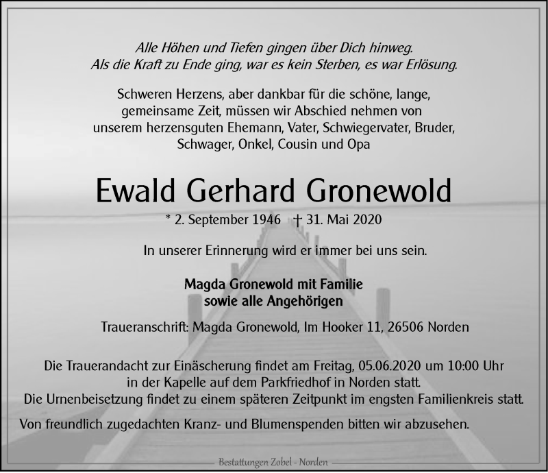  Traueranzeige für Ewald Gerhard Gronewold vom 04.06.2020 aus 