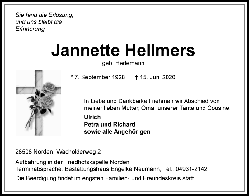  Traueranzeige für Jannette Hellmers vom 16.06.2020 aus 