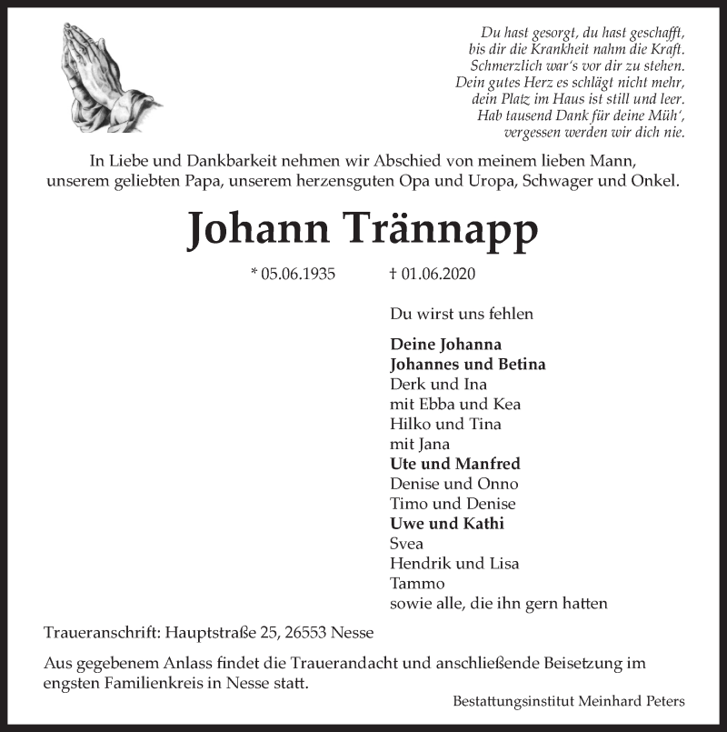  Traueranzeige für Johann Trännapp vom 03.06.2020 aus 