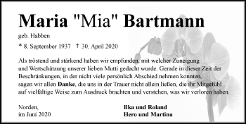 Traueranzeige von Maria Bartmann 