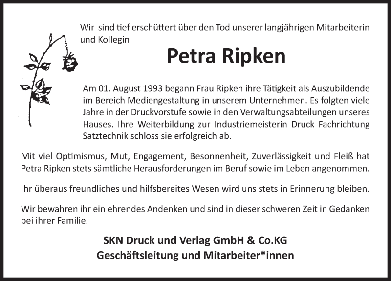  Traueranzeige für Petra Ripken vom 11.06.2020 aus 