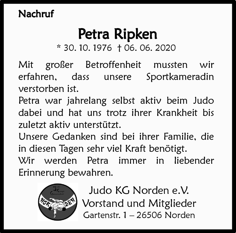  Traueranzeige für Petra Ripken vom 11.06.2020 aus 