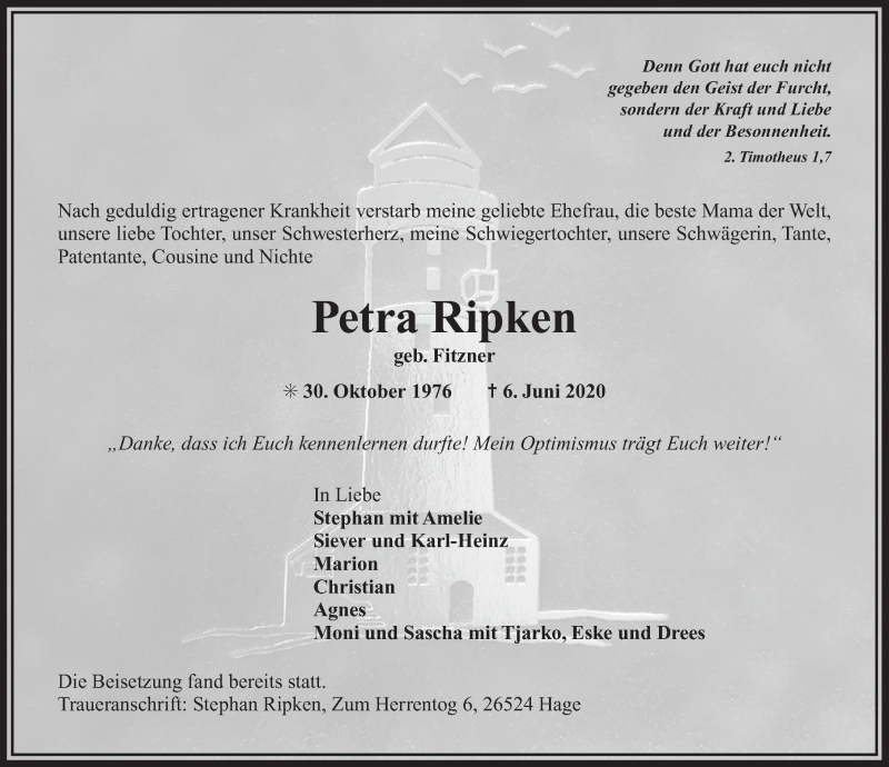  Traueranzeige für Petra Ripken vom 11.06.2020 aus 