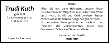 Traueranzeige von Trudi Kuth 
