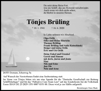 Traueranzeige von Tönjes Brüling 