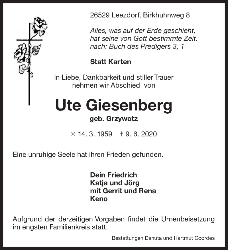  Traueranzeige für Ute Giesenberg vom 10.06.2020 aus 