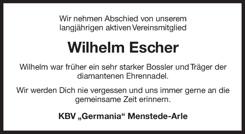  Traueranzeige für Wilhelm Escher vom 06.06.2020 aus 